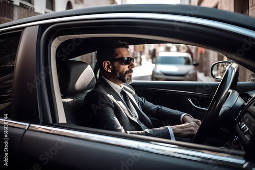 A chauffeur driving a luxury car, providing a comfortable and safe transportation experience. Generative AI © Mihai Zaharia