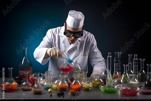 A chef in full culinary attire conducting a scientific experiment in a laboratory, mixing ingredients in beakers and test tubes to create innovative dishes. Generative AI