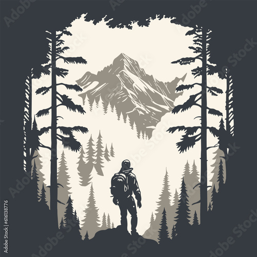 Man with backpack, traveller standing in the forest and looking on mountains. Concept of discovery, exploration, hiking, adventure tourism and travel. Vector illustration print.