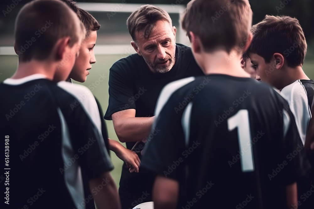 A coach mentoring and motivating a sports team, helping them improve their skills and teamwork. Generative AI