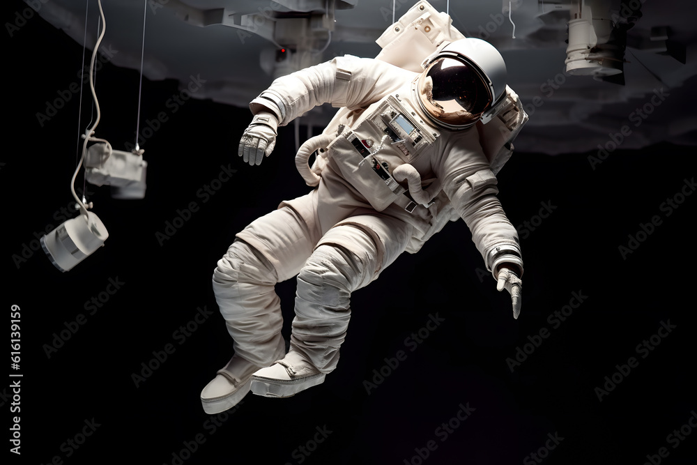 A conceptual photo-realistic image of a levitating astronaut in a gravity-defying dance, captured in a controlled studio environment, a sense of weightlessness and motion. Generative AI