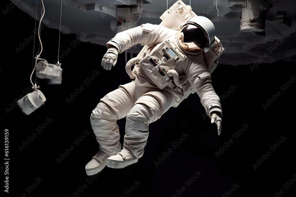 A conceptual photo-realistic image of a levitating astronaut in a gravity-defying dance, captured in a controlled studio environment, a sense of weightlessness and motion. Generative AI A conceptual photo-realistic image of a levitating astronaut in a gravity-defying dance, captured in a controlled studio environment, a sense of weightlessness and motion. Generative AI