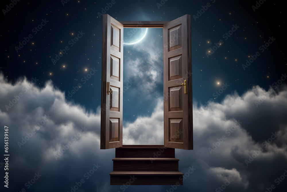 A conceptualimage of a surreal floating staircase leading to a door in the sky, creating a sense of mystery and adventure. Generative AI A conceptualimage of a surreal floating staircase leading to a door in the sky, creating a sense of mystery and adventure. Generative AI