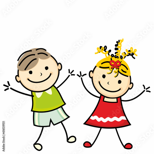 Two bouncing, hopping, dancing kids, children, girl and boy, funny vector illustration