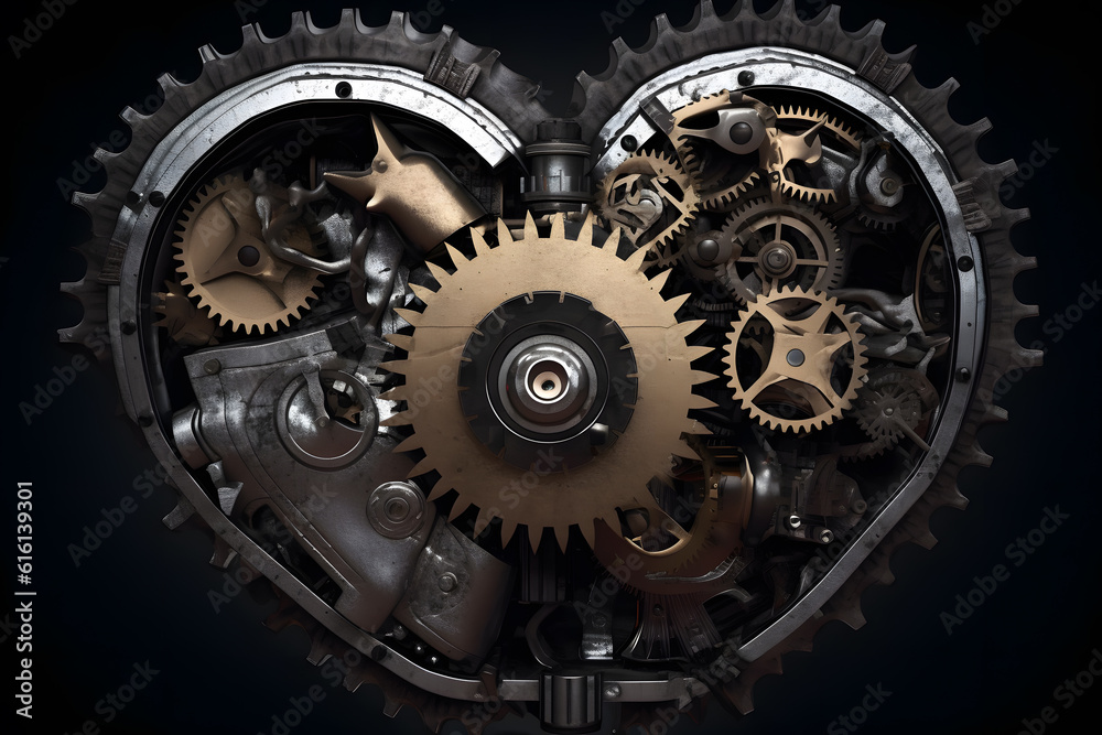 A conceptual image of a mechanical heart with detailed gears, cogs and pistons symbolizing the link between machinery and emotions. Generative AI A conceptual image of a mechanical heart with detailed gears, cogs and pistons symbolizing the link between machinery and emotions. Generative AI