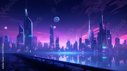 A futuristic night city in the distance glowing with neon light. Surrealistic skyscrapers. Cyberpunk  immersive world of the metaverse