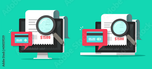 Payment bill review check audit icon 3d online digital virtual vector graphic, suspicious pay legal fraud verify computer laptop illustration, inspect invoice fiscal budget, authorize transfer