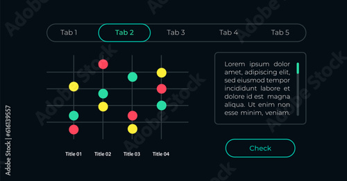 Dot plot diagram UI element template. Editable isolated vector dashboard component. Flat user interface. Visual data presentation. Web design widget for mobile application with dark theme