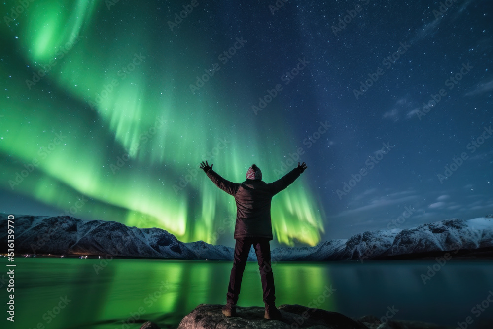 northern lights beautiful green Mountains and frozen ocean, winter landscape at night. Travel to Norway. Generative AI