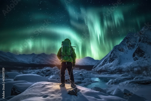 Backpackers See the Northern Lights Lofoten Islands Norway Northern Lights Mountains and Frozen Ocean Winter landscape at night. Travel to Norway. Generative AI.