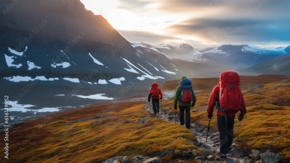 Hikers and nature explorers Walking in the mountains with a cold atmosphere Beautiful winter nature landscape with morning sun rays. Generative AI Hikers and nature explorers Walking in the mountains with a cold atmosphere Beautiful winter nature landscape with morning sun rays. Generative AI
