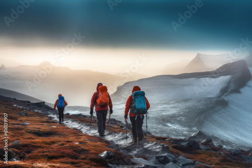 Hikers and tourists walk up the mountain in the cold atmosphere. Ice mountains and oceans beautiful winter nature landscape. Generative AI