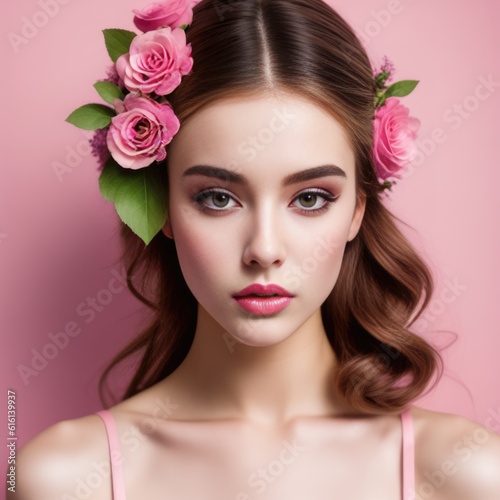Portrait of pretty woman with pink flowers in hair. Generative AI