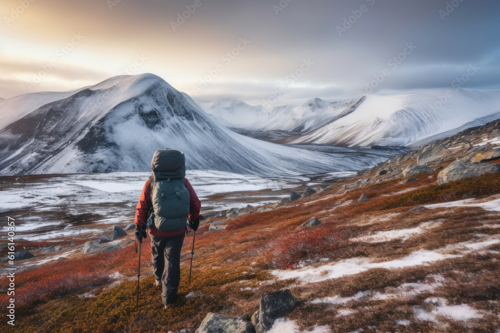 Hikers and nature explorers Walking in the mountains with a cold atmosphere Beautiful winter nature landscape with morning sun rays. Generative AI