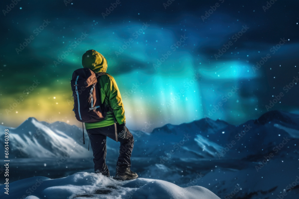 Naklejka premium Backpackers See the Northern Lights Lofoten Islands Norway Northern Lights Mountains and Frozen Ocean Winter landscape at night. Travel to Norway. Generative AI.