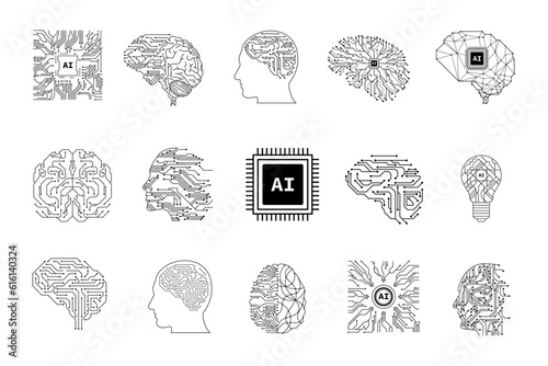 Set of artificial intelligence symbol. Element of technology with printed circuit board concept