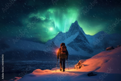 Backpackers See the Northern Lights Lofoten Islands Norway Northern Lights Mountains and Frozen Ocean Winter landscape at night. Travel to Norway. Generative AI.