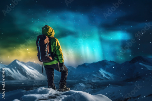 Backpackers See the Northern Lights Lofoten Islands Norway Northern Lights Mountains and Frozen Ocean Winter landscape at night. Travel to Norway. Generative AI. © เลิศลักษณ์ ทิพชัย