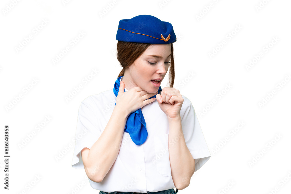 Airplane stewardess over isolated chroma key background is suffering with cough and feeling bad Airplane stewardess over isolated chroma key background is suffering with cough and feeling bad