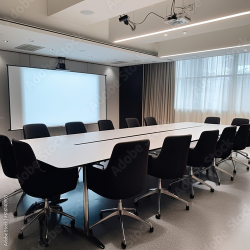 Modern black and white minimalist conference room scene