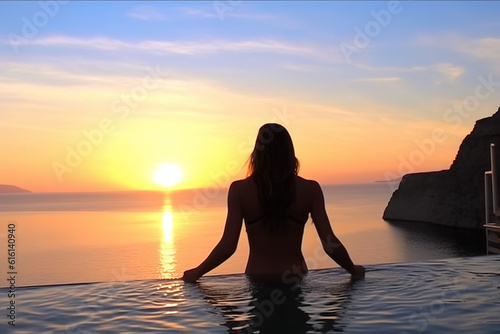 In the background of the sunset at dusk; a girl admires the scenery in the high -end hotel pool