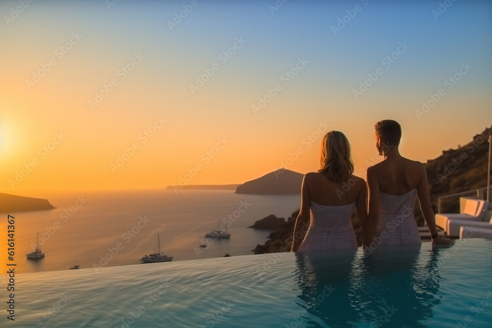 In the background of the sunset at dusk; a couple appreciate the scenery at the pool of high -end hotels