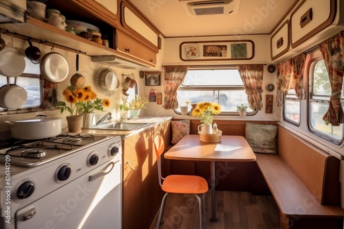A cozy kitchen interior inside a trailer, Generative Ai