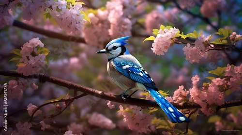 A joyful blue and white bird perched on a tree branch, spreading its wings.