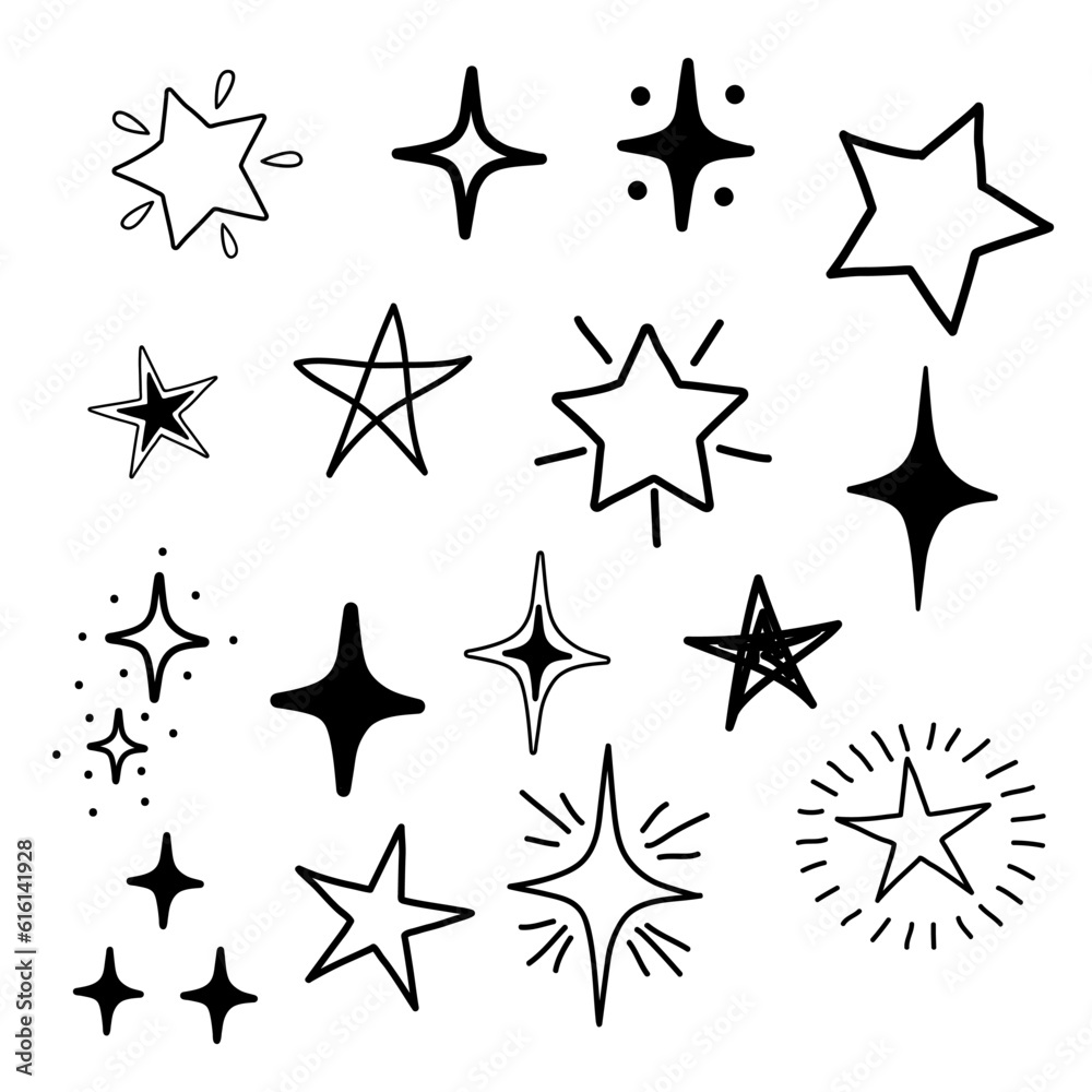 Obraz premium Set of doodle stars hand drawn on a white background