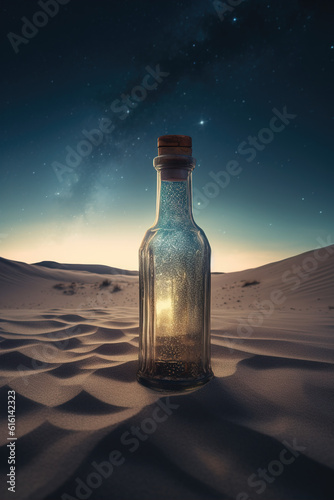 A bottle equipped with fireflies in the desert