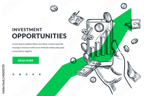 Investment, market trade and finance concept. Vector sketch illustration of mobile phone trading bank application