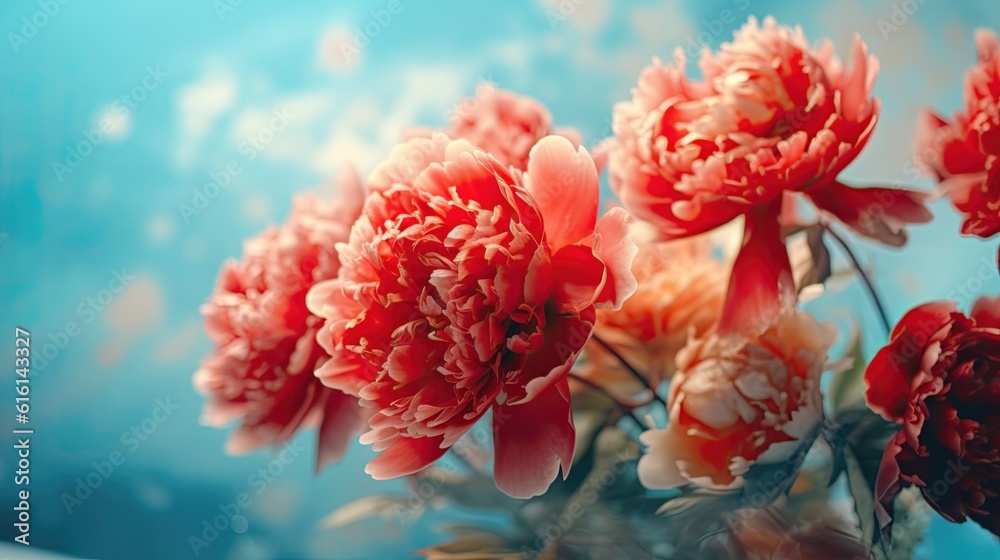 A Serenade of Beautiful Red Peonies on a Soft Turquoise Background. Amazing Flower background.
