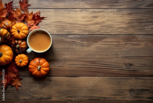 Autumn composition with pumpkins  fall leaves  coffee cup on old wooden table background