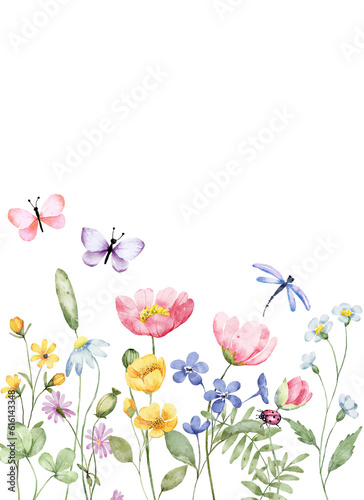 Watercolor flowers, floral frame border for greeting card, invitation and other printing design. Isolated on white. Hand drawing. 