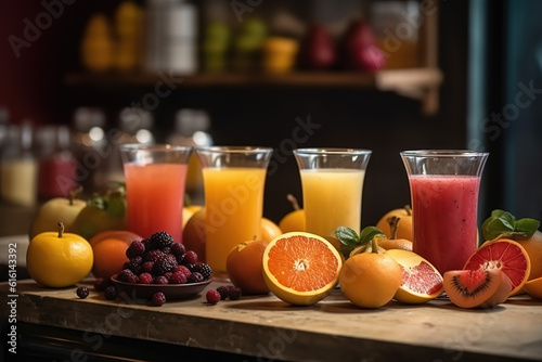 Various fresh fruits of milk tea shops squeeze the background map of fruit juice