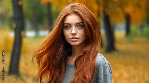 portrait of a beautiful redhaired woman in the park, banner made with Generative AI photo