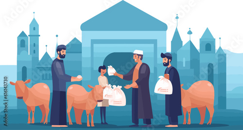 People distributing meat to poor people, Eid festival, Muslim 