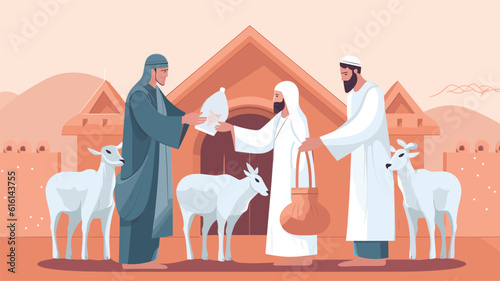 People distributing meat, Eid ul Adha Greetings, Bakra Eid Mubarak, Celebrations, Animal Vector Illustration, Muslim Festival