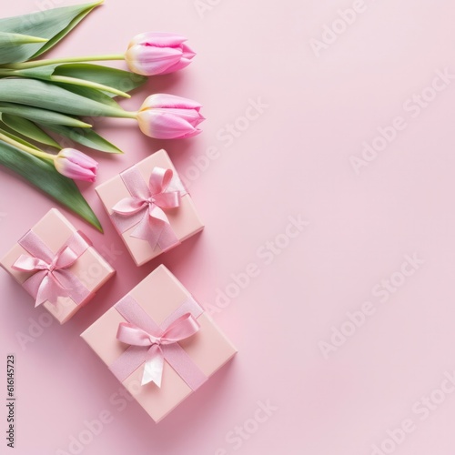 Pink Tulips Embrace a Gift amidst a Delicate Blush Background © New Visuals