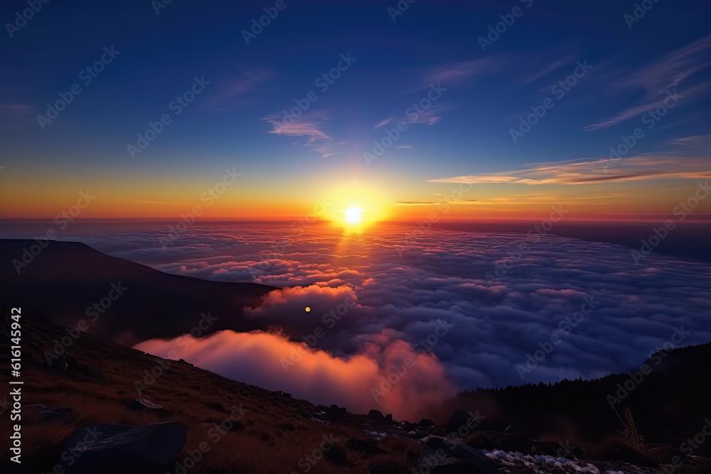 The fog and natural scenery of the outdoor mountain peaks under the sunset