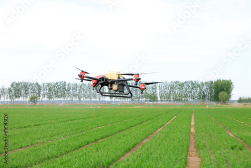 High-resolution photographic images of industrial drones spraying drugs on rice paddies and fields