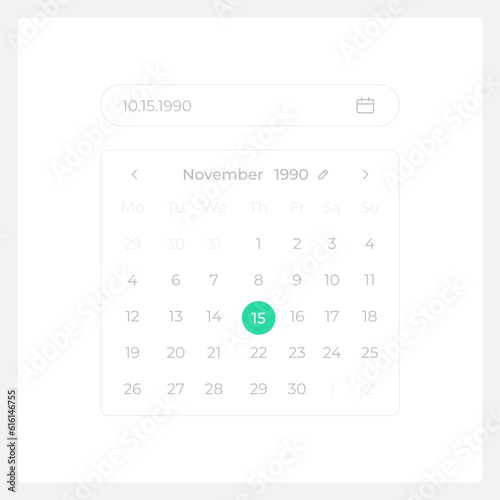 Calendar date selection UI element template. Editable isolated vector dashboard component. Flat user interface. Visual data presentation. Web design widget for mobile application with light theme