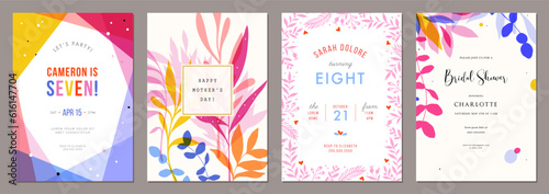 Bright artistic templates with floral elements. For poster, Birthday, Wedding and party invitation, flyer, email header, post in social networks, advertising, events and page cover.