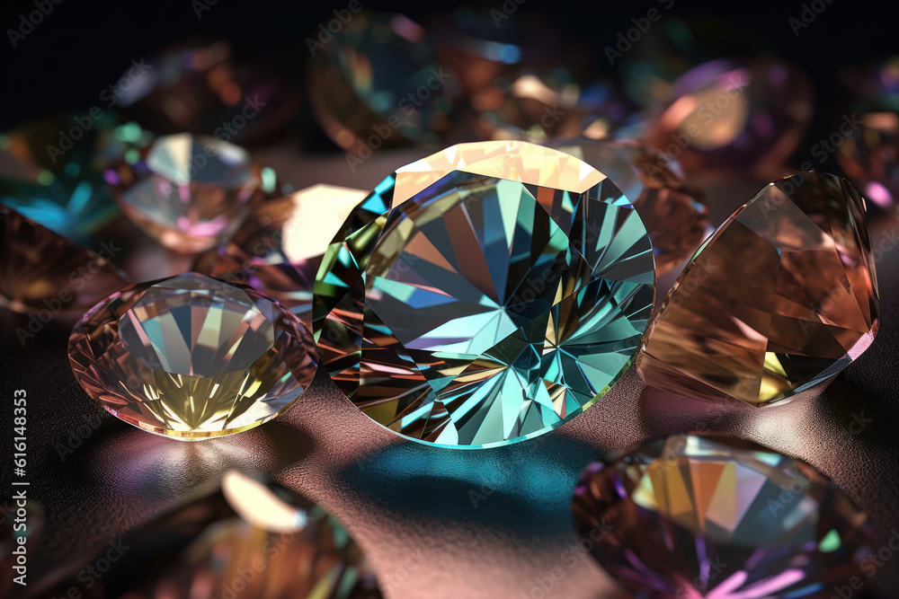 Diamonds with multi-colored reflections in the facets. Close-up. Diamonds with multi-colored reflections in the facets. Close-up.