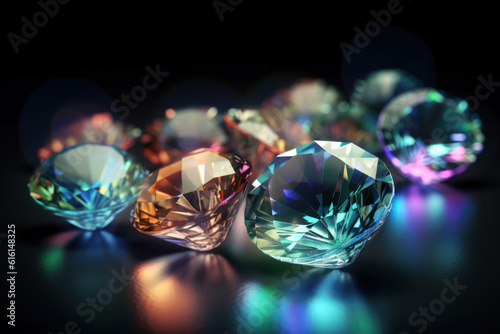 Diamonds with multi-colored reflections in the facets. Close-up.