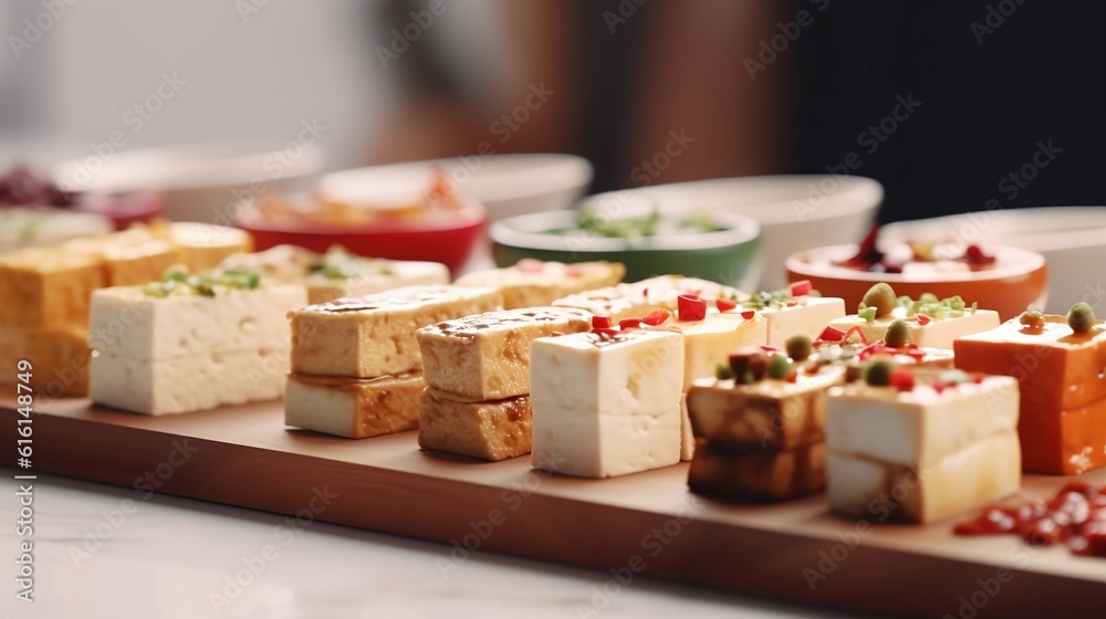tofu snack bar served at a restaurant with different topping flavors Stock Photo Adobe Stock