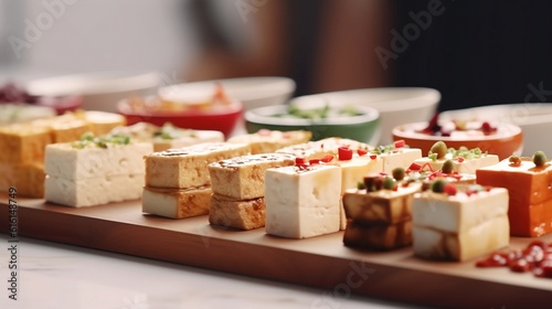 tofu snack bar served at a restaurant with different topping flavors