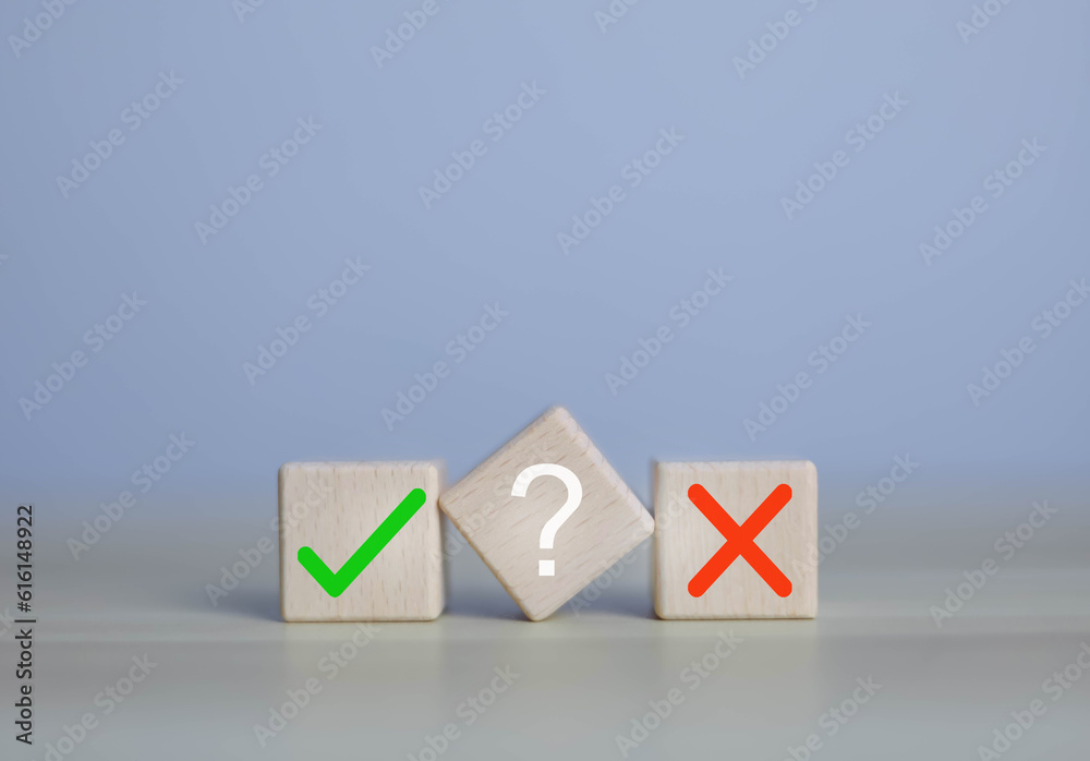 wooden block yes or no symbol and checkmark Alternative concepts, decision making, and true and false test questions. wooden block yes or no symbol and checkmark Alternative concepts, decision making, and true and false test questions.
