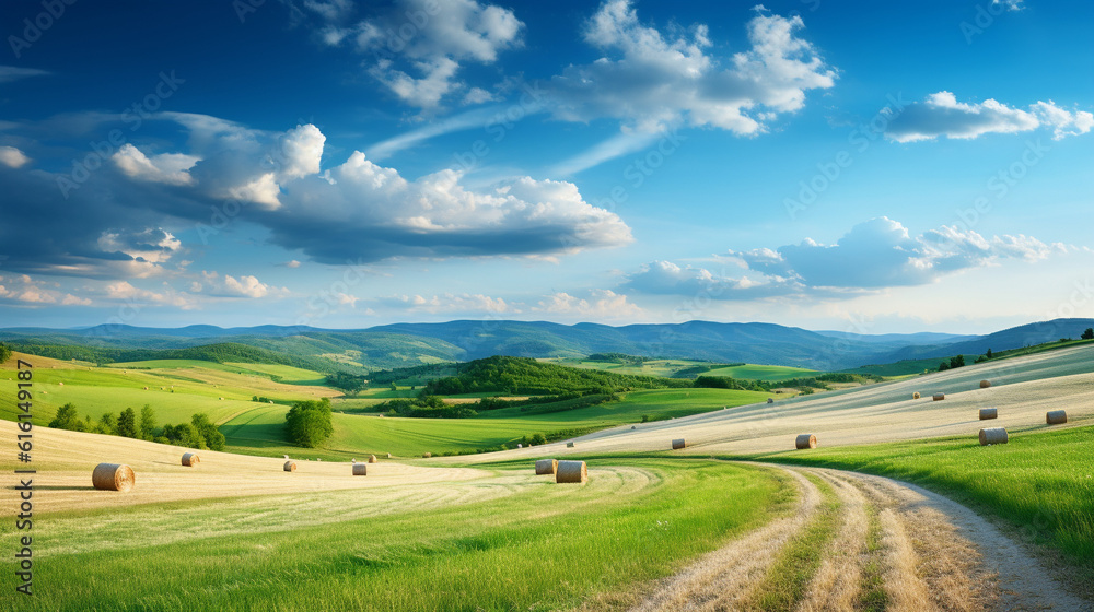 Summer panoramic natural landscape. Wide panorama of countryside with serpentine road and green meadows and forests on hills with beautiful lighting