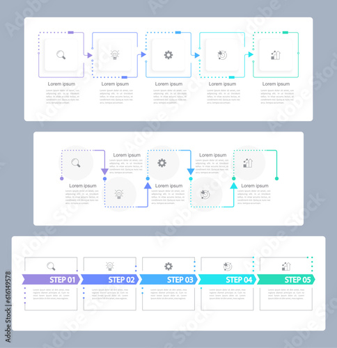 Productivity goals infographic chart design template set. Editable infochart with icons. Instructional graphics with 5 step sequence. Visual data presentation. Arial, Merriweather Sans fonts used photo